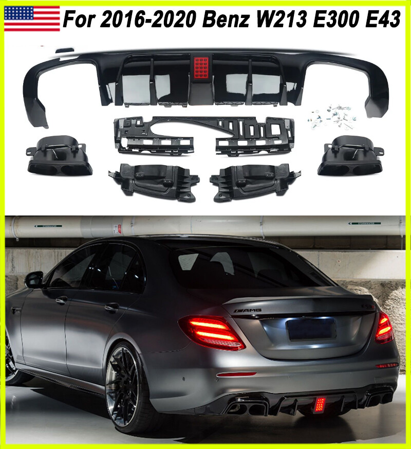 Fit 2016-20 Benz W213 E300 E43 E63 F1 Style Rear Diffuser W/LED+Exhaust Tips