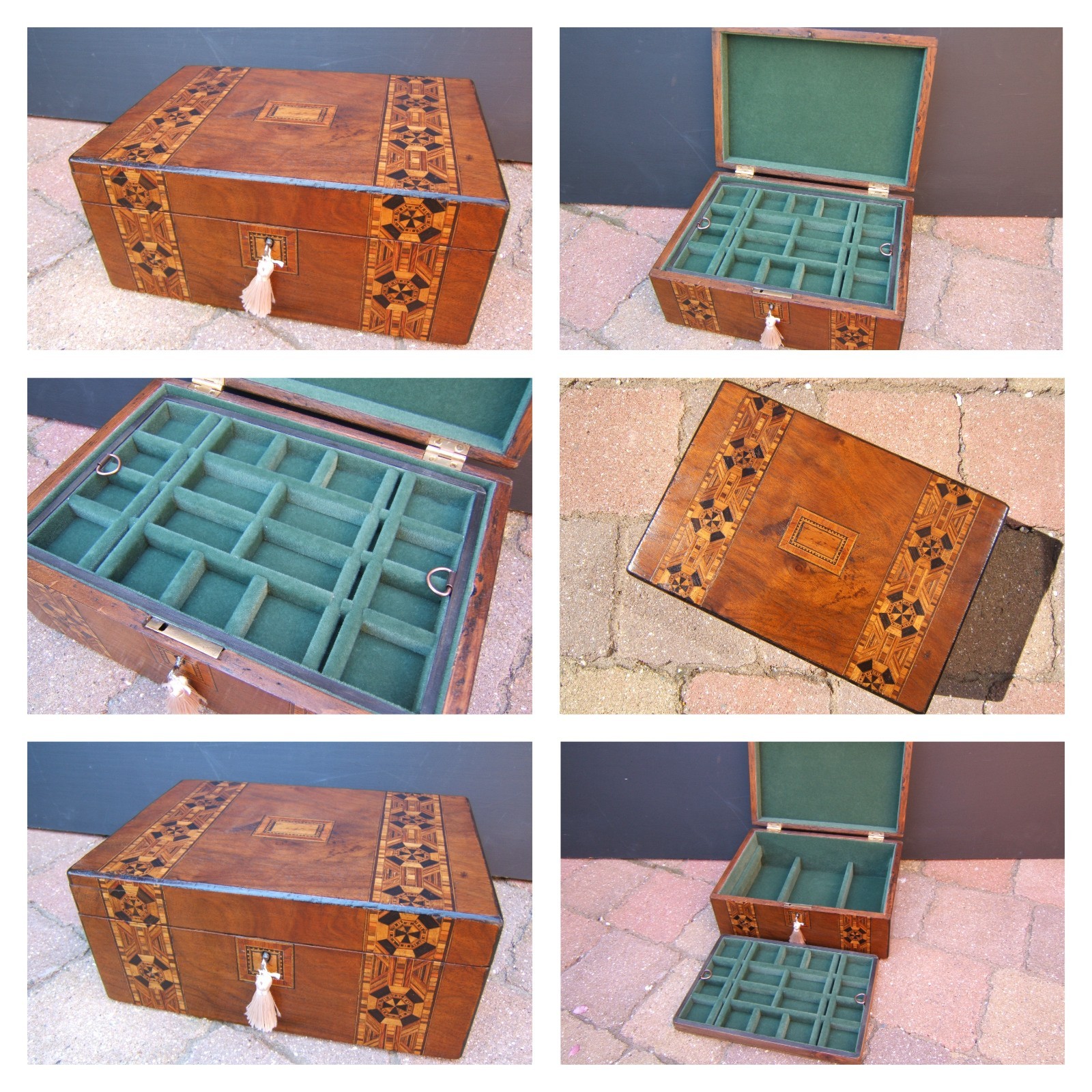 19c ANTIQUE WALNUT JEWELLERY BOX -RING- NECKLACE-WATCH, BROOCH- BRACELET- GOLD