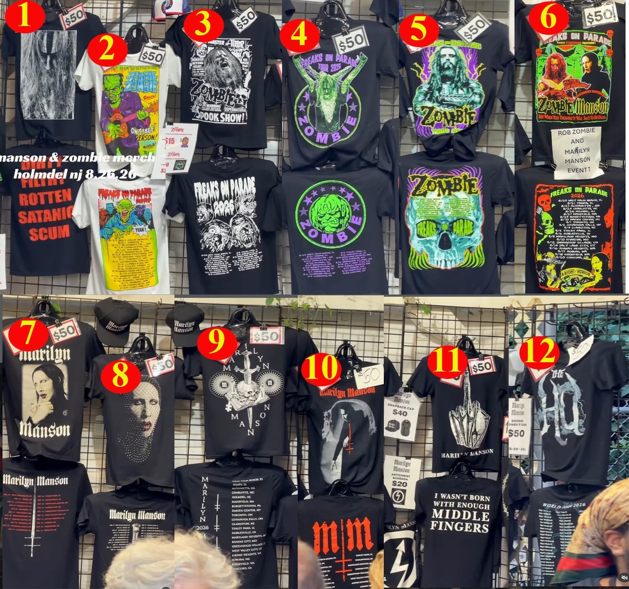 Rob Zombie Marilyn Manson Freaks On Parade Tour 2026 Concert T-Shirt