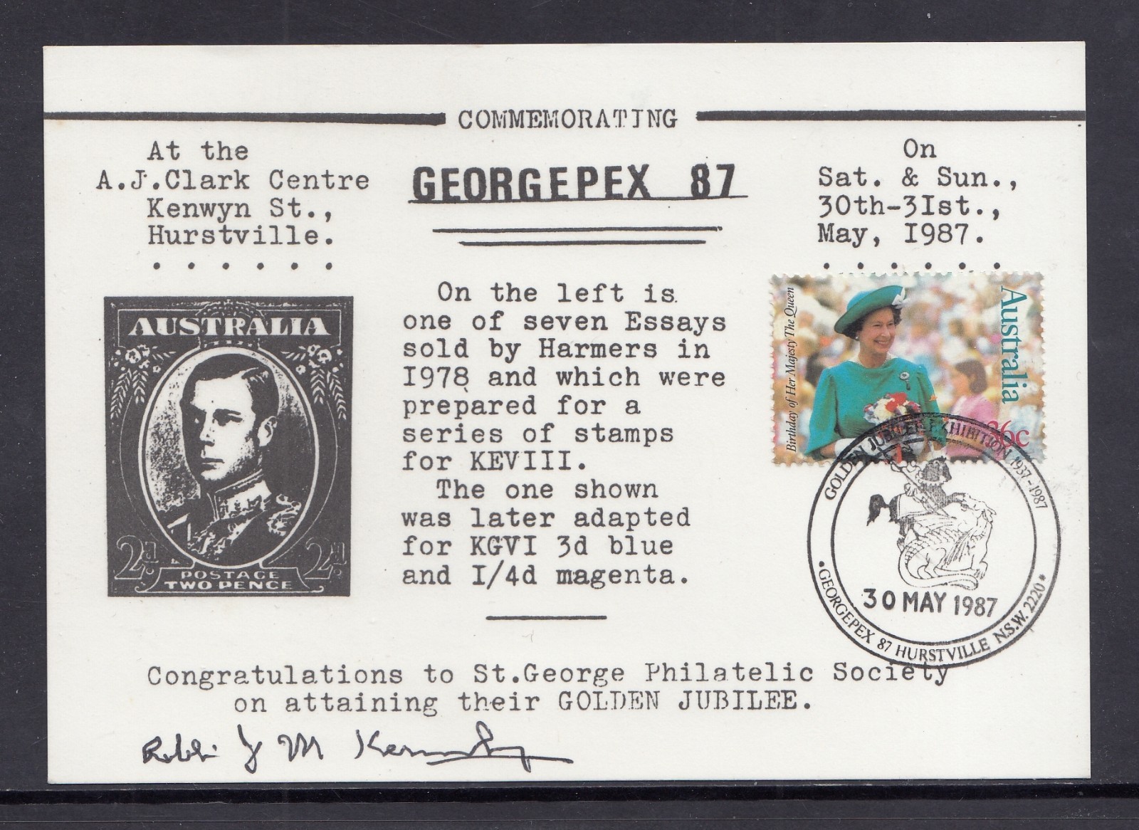 Australia 1987 Georgepex 87 Stamp Expo Hurstville NSW Commem Card, Signed