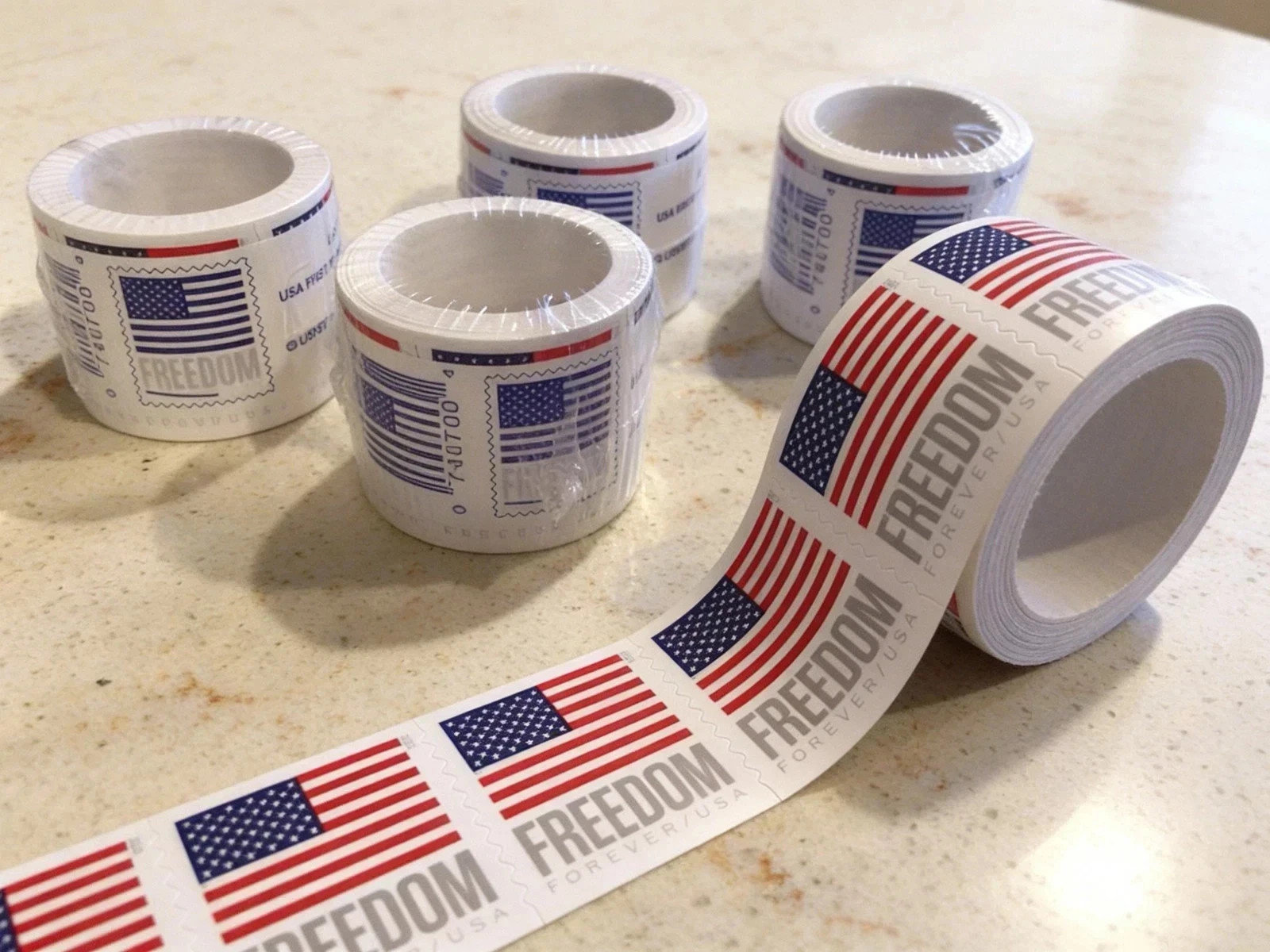 5 Coil Rolls 2023 Flag Themed Stamps, 100 per Roll, Total 500 Unused 