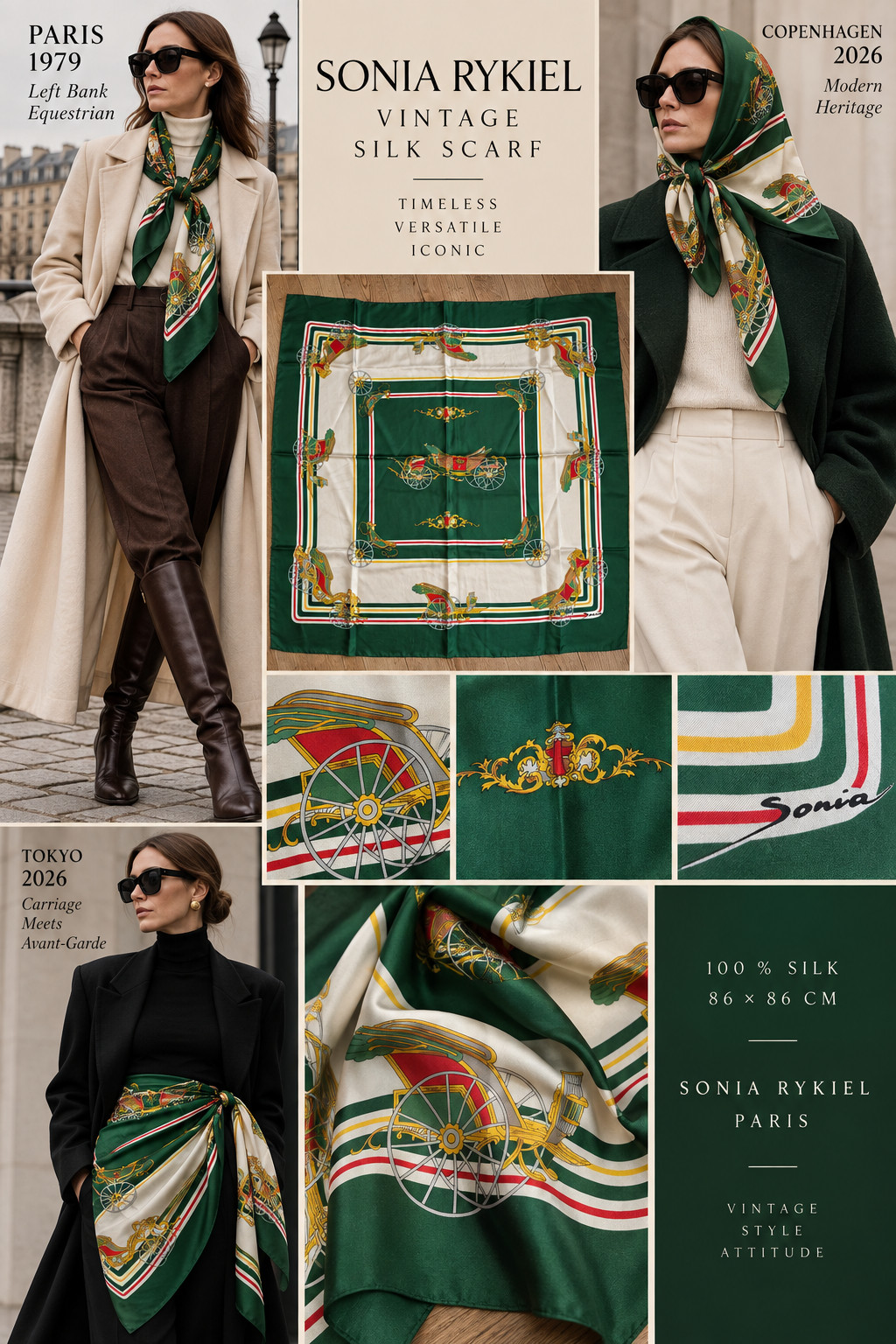 Sonia Rykiel Vintage Silk Scarf 100% Silk Carriage Carriage Green 86x86