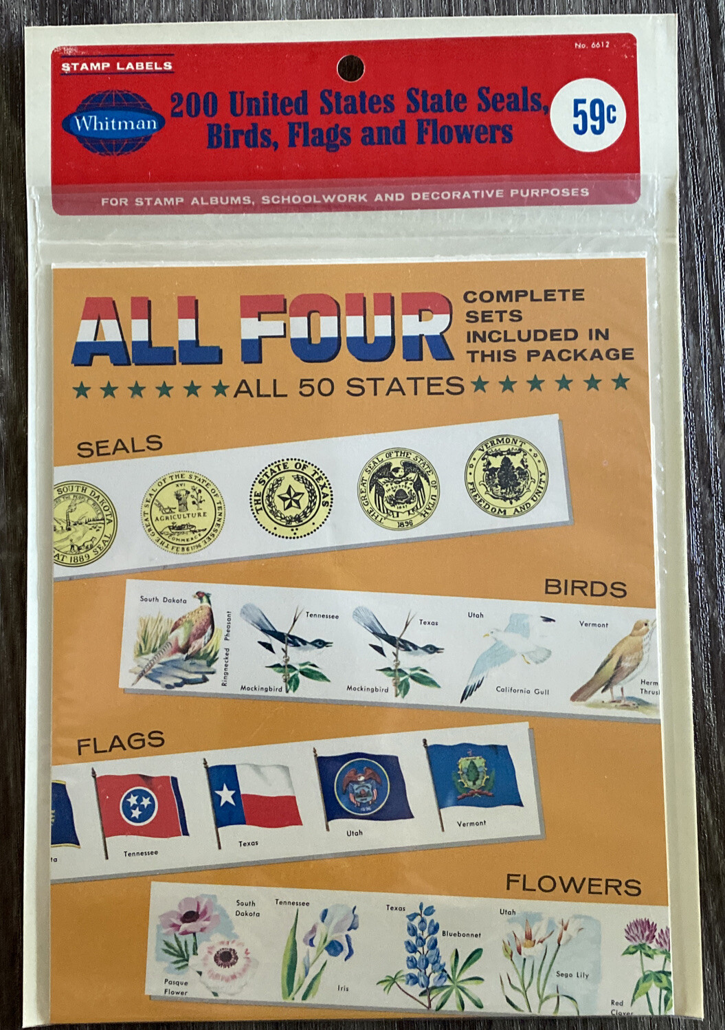 Vintage Whitman #6612 Stamp Labels 200 US State Seals, Birds, Flags & Flowers Vintage Whitman #6612 Stamp Labels 200 US State Seals, Birds, Flags & Flowers