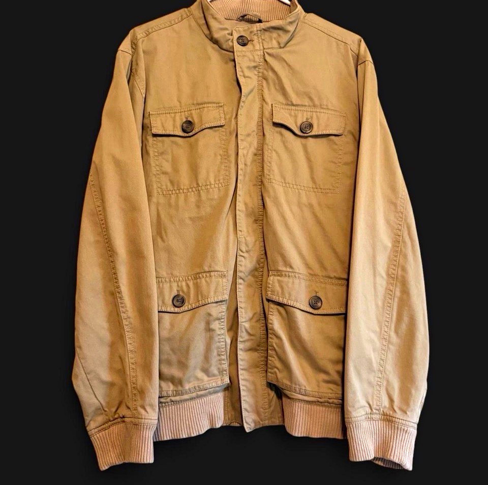 Gap Men’s Military Jacket Tan L Short Stand-Up Collar Zip/Button Pockets
