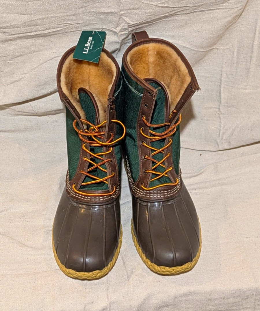 90s Vintige USA L.L.Bean Mens Duck Boots REAL Fur Lined Lace-Up  Leather US 14 M
