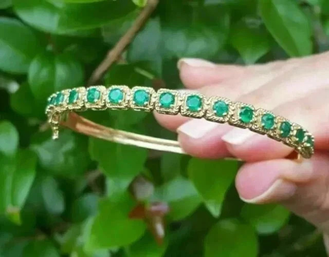 14K Yellow Gold Plated 4.00Ct Natural Emerald Round Cut Bangle Tennis Bracelet
