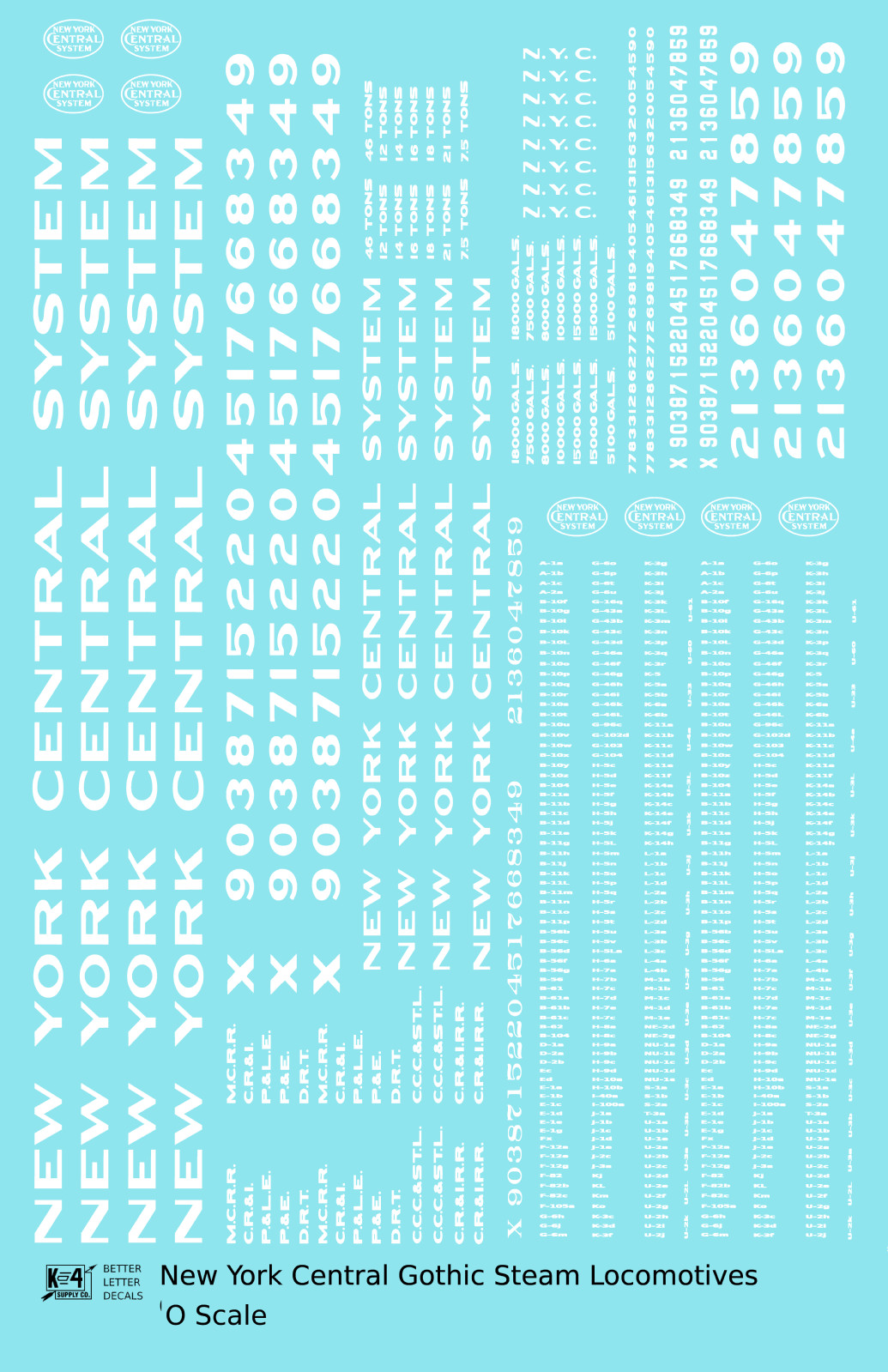 K4 O Scale Decals New York Central Gothic Steam Locomotive White