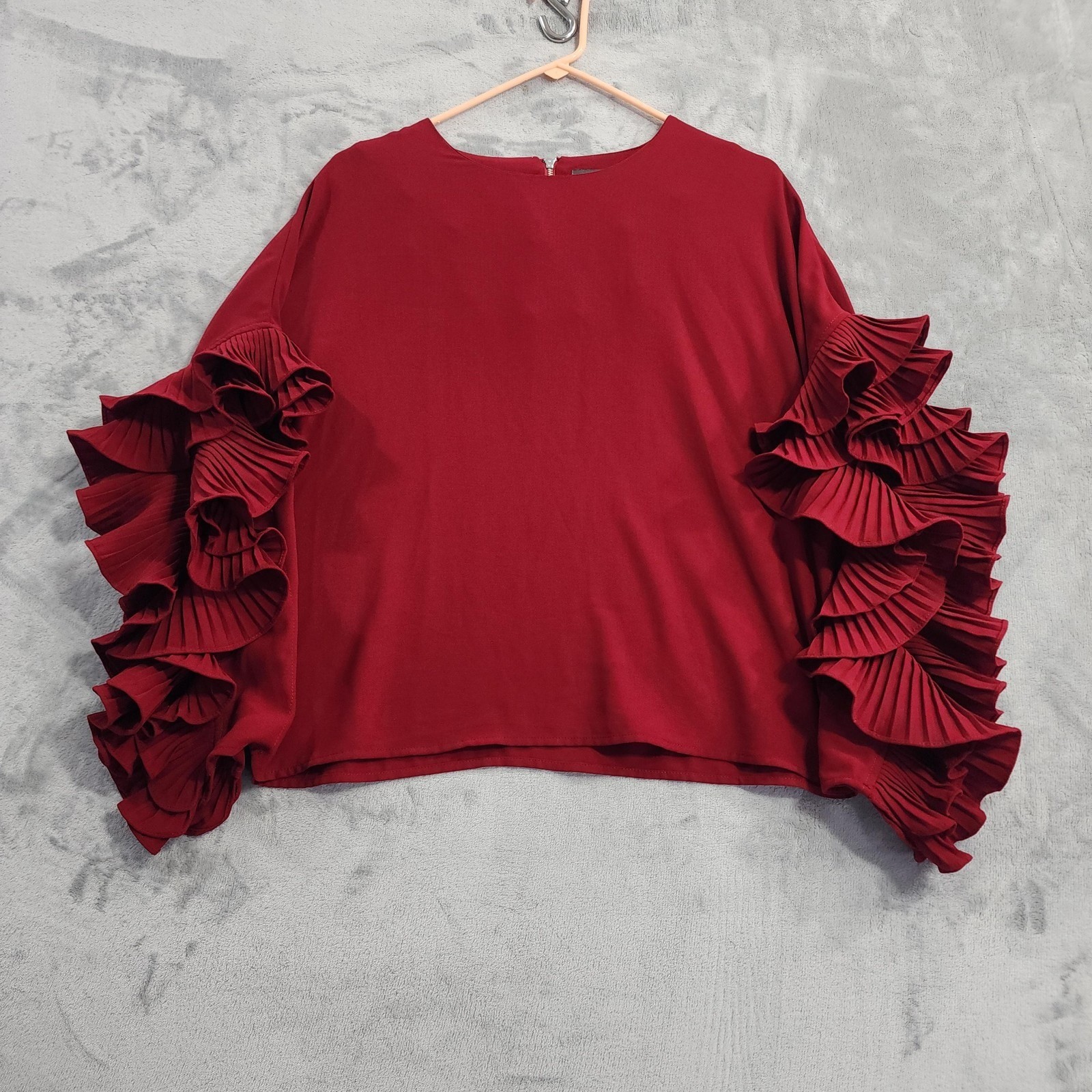 Gracia Top Women L Red Burgundy Pleated Ruffled Sleeves Exposed Zip Blouse Party