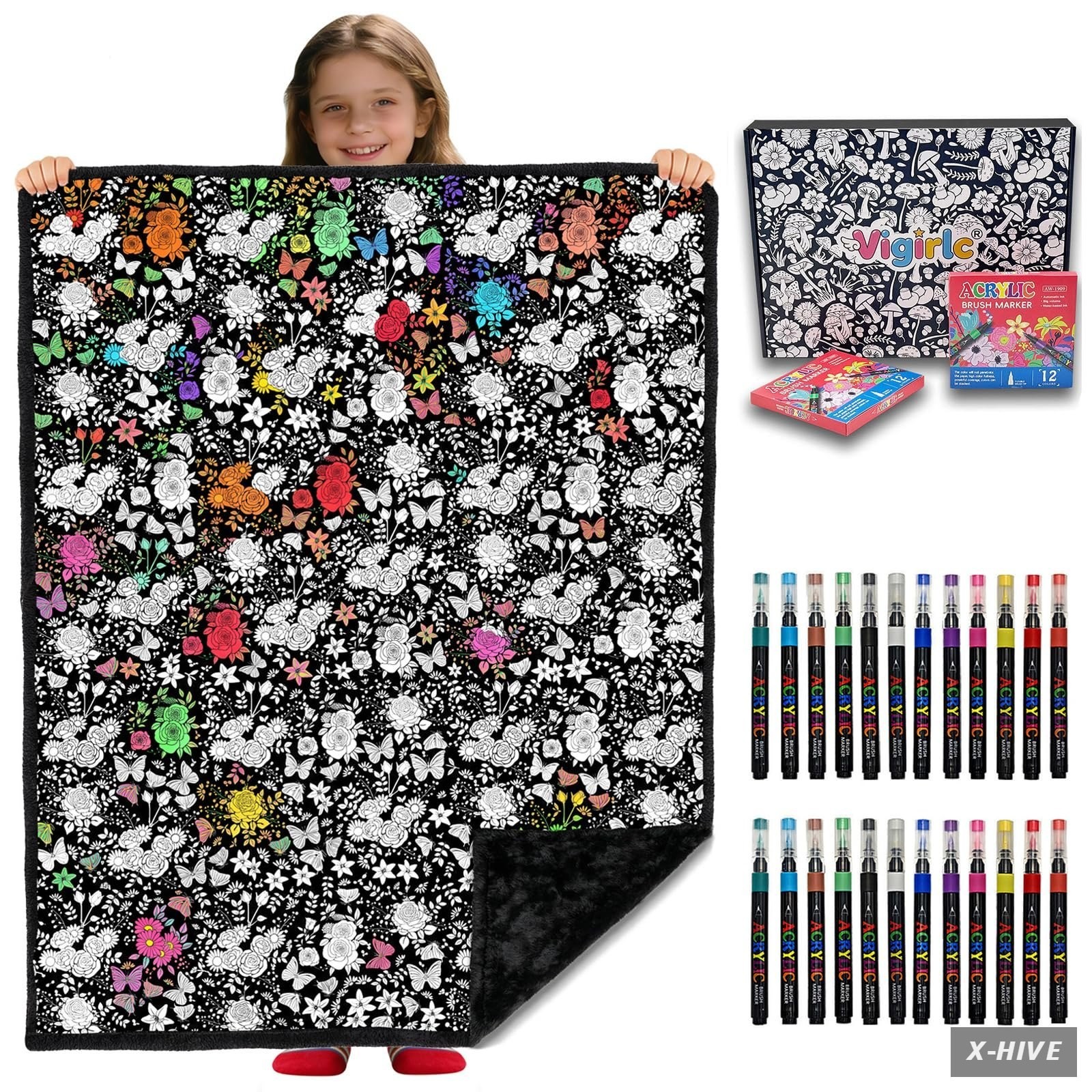 DIY Coloring Blanket for Adults & Kids, 50 x 60 Inch Flowers 2 Sets of 12 m