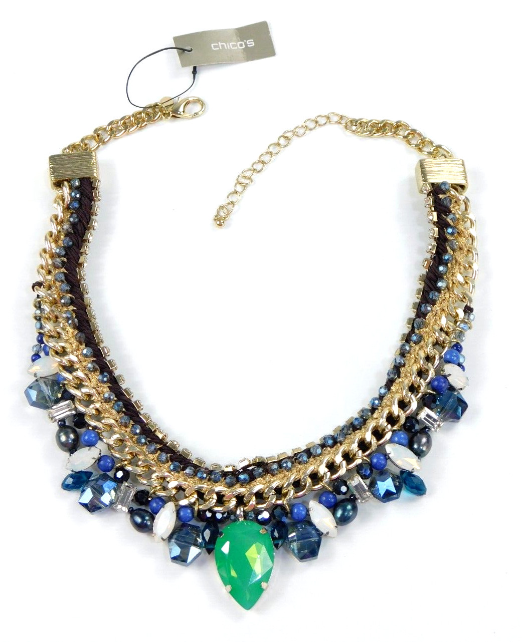 Chico\'s Gold Tone Braided Chain Rhinestone Mixed Media Collar Beaded Necklace