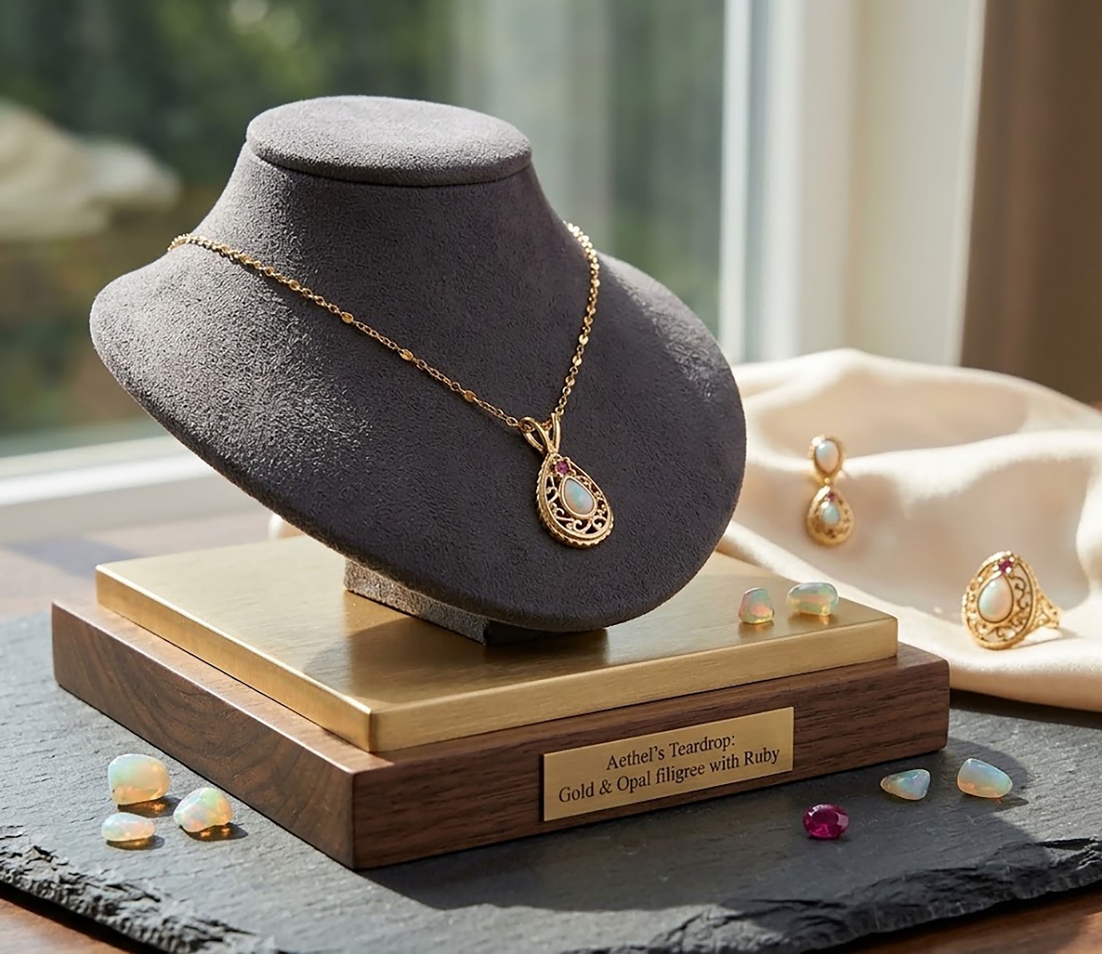 Van Doran Ruby & Opal Pendant Necklace Gold Tone Vintage Genuine Stones