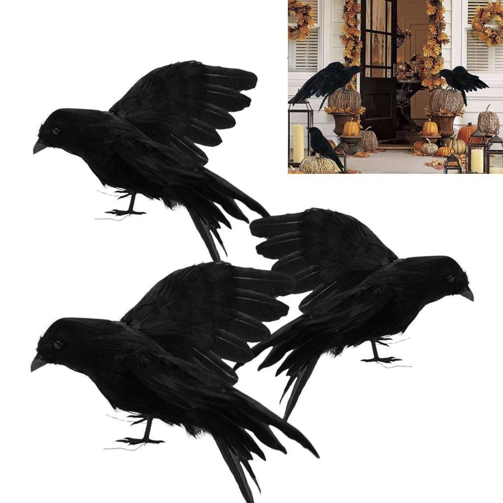 3Pcs Halloween Crow Prop Large Realistic Raven Feathered Spooky Party Home Decor