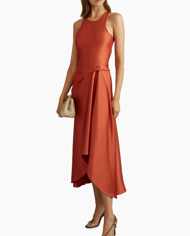 Reiss women\'s Micah Satin Drape Tuck Midi Dress - size 10 US / 14 UK  - Rust