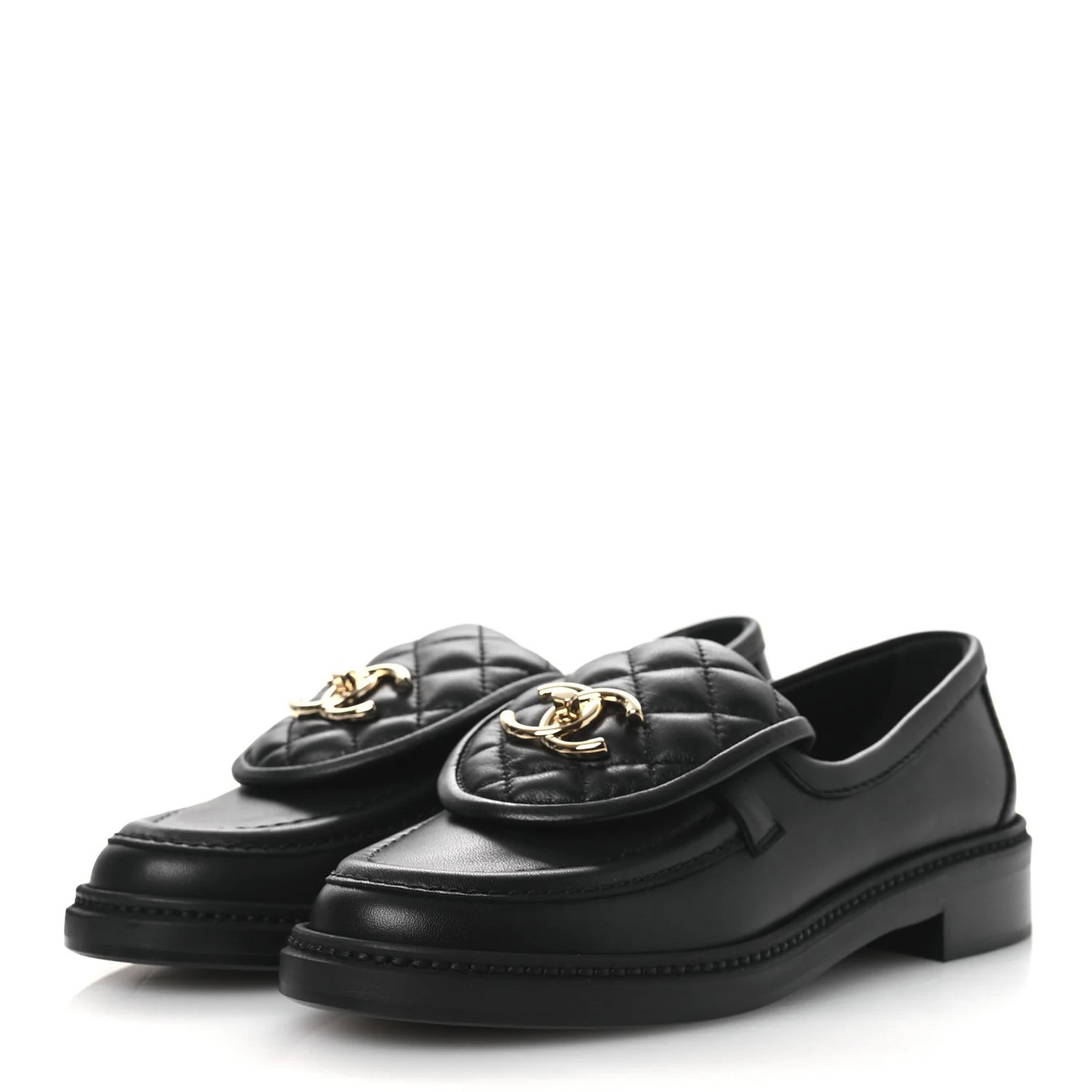 CHANEL 24C Black Lambskin Quilted CC Turnlock Flap Loafers Shoes 37.5