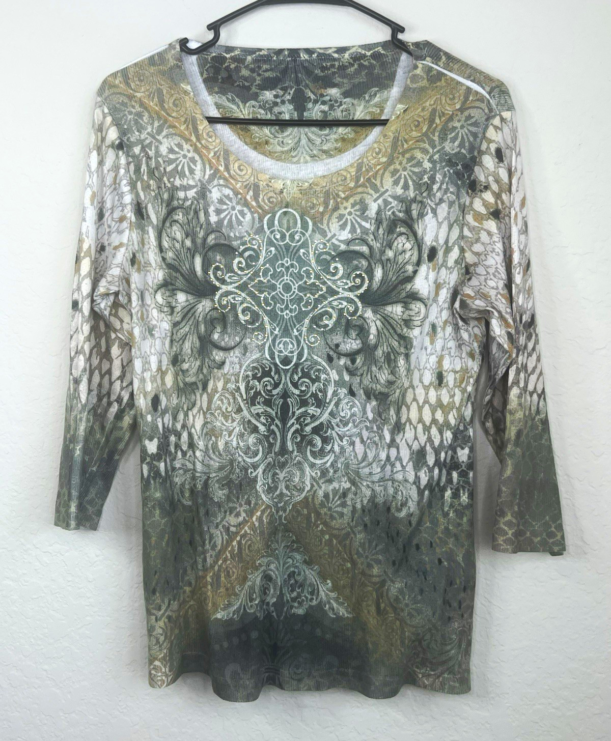 Women’s Green White Beige Floral Scoop Neck 3/4 Sleeve Pullover Top M