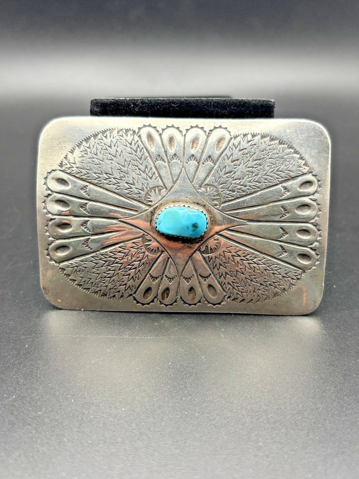 Vintage R. Peter Navajo Sterling Silver Turquoise Belt Buckle Hand Stamped 30.7g