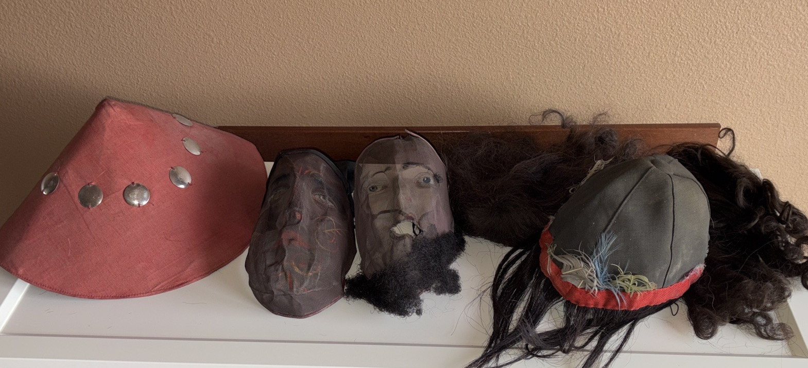 Antique Odd Fellows Ceremonial Mask Hand Painted Wire Mesh C. 1900 Hats Wigs LOT
