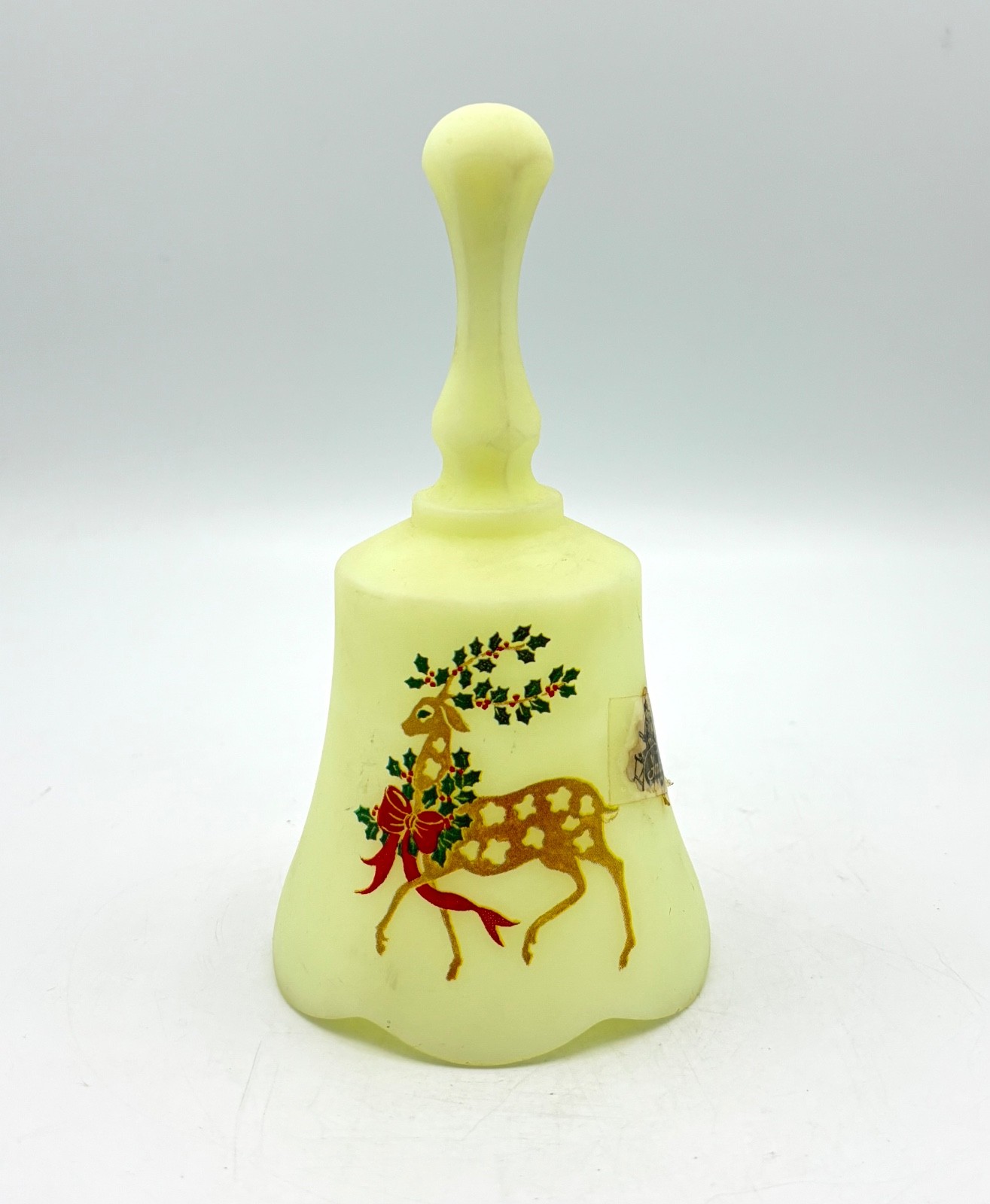 Vintage Fenton Art Glass Satin Custard Christmas Deer hand painted Bell GLOWS