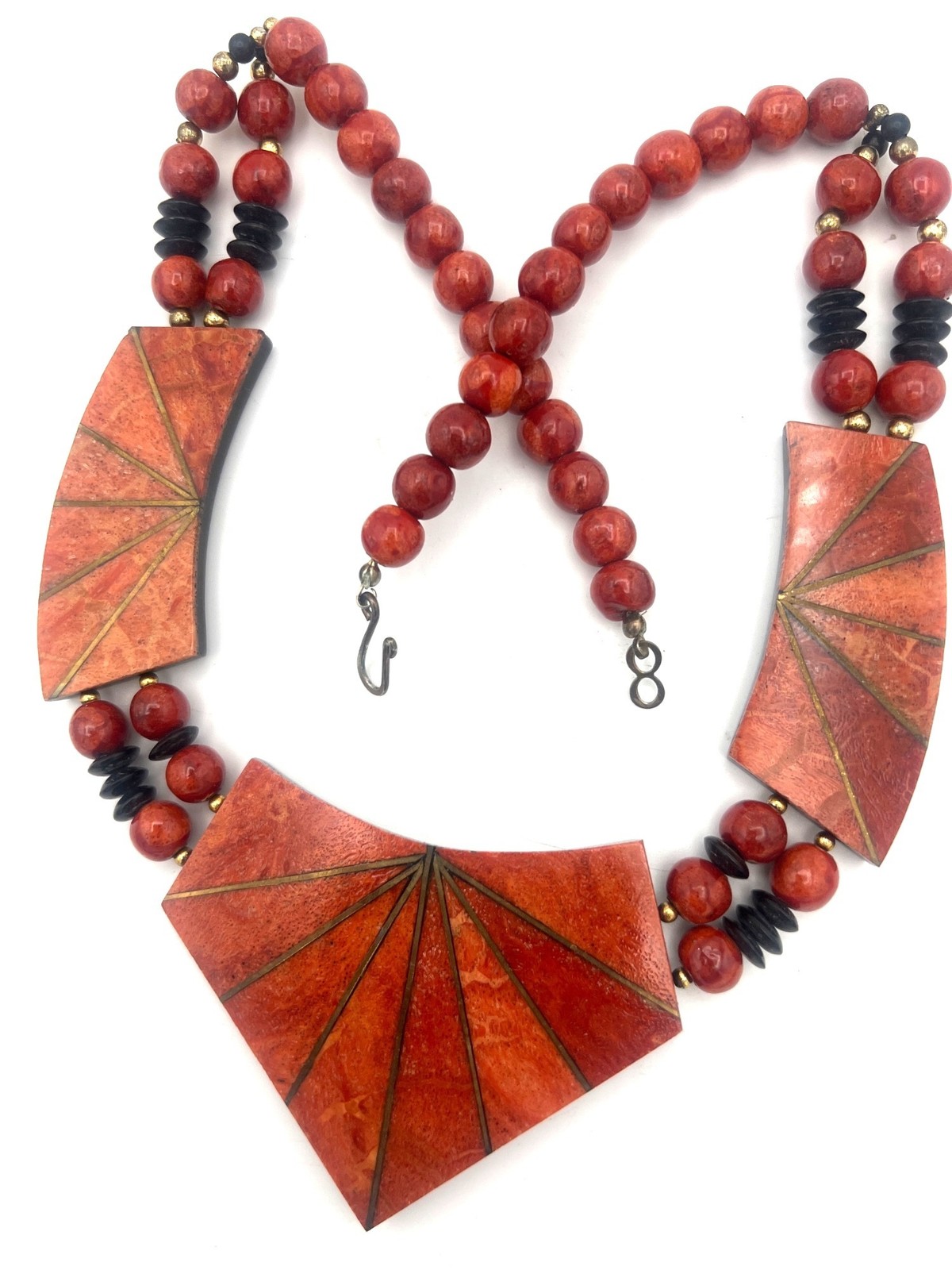 Handcrafted Red Coral Bib Necklace Beaded Geometric Pendant Black Disk Statement