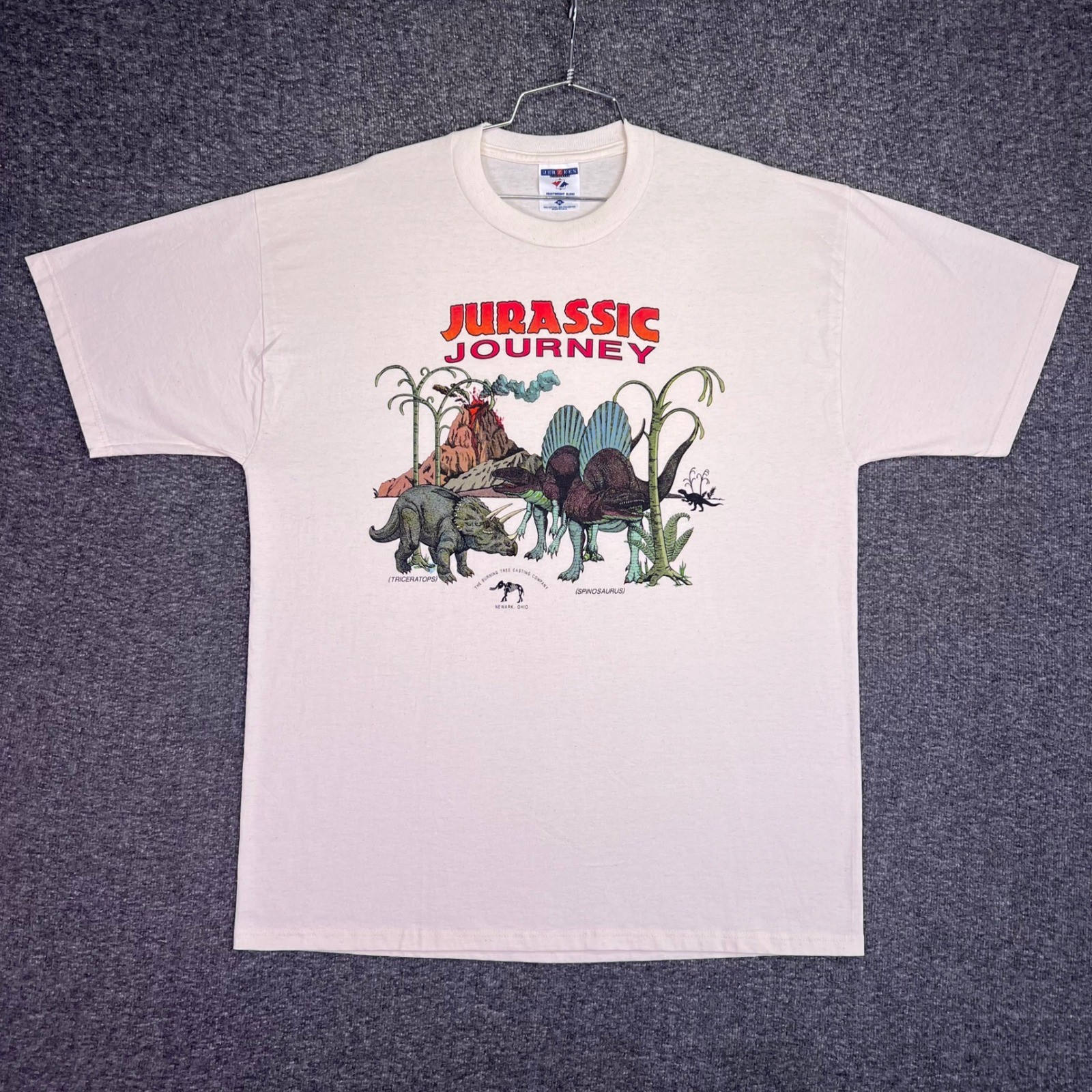 Jurassic Journey Shirt Mens XL Cream Vintage Jerzees Dinosaur Graphic Newark OH