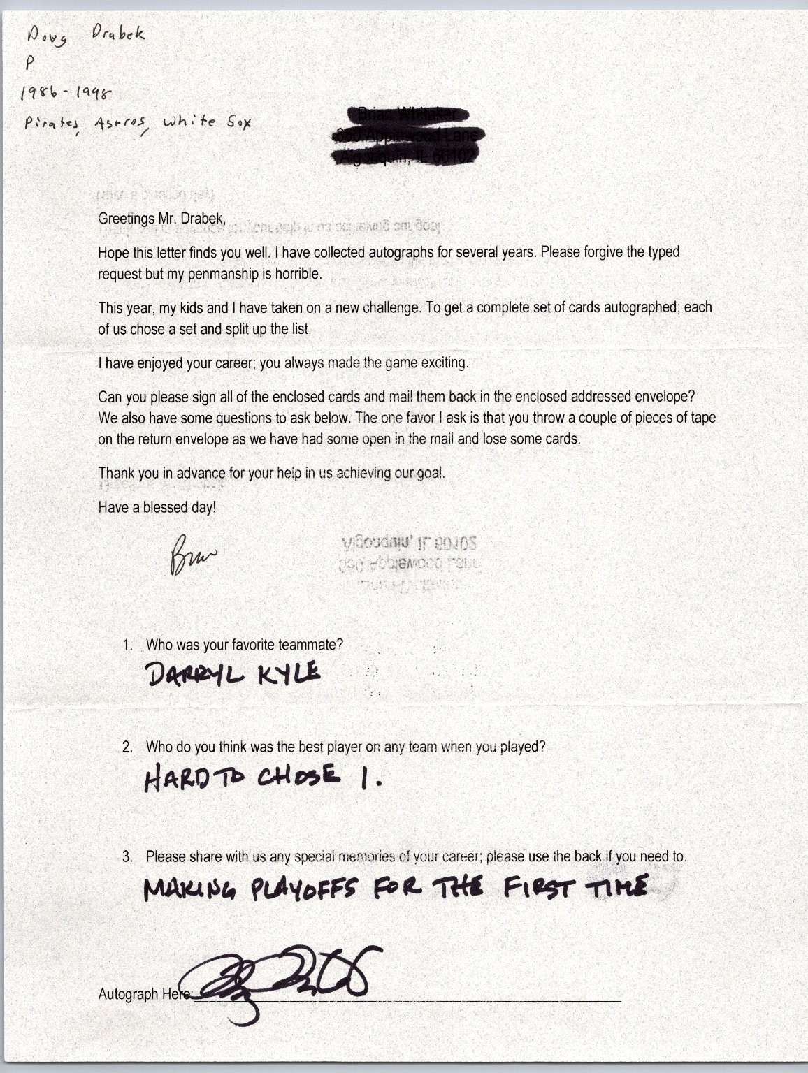 Doug Drabek Autographed Letter Baseball Player Signed Answers Pirates Astros