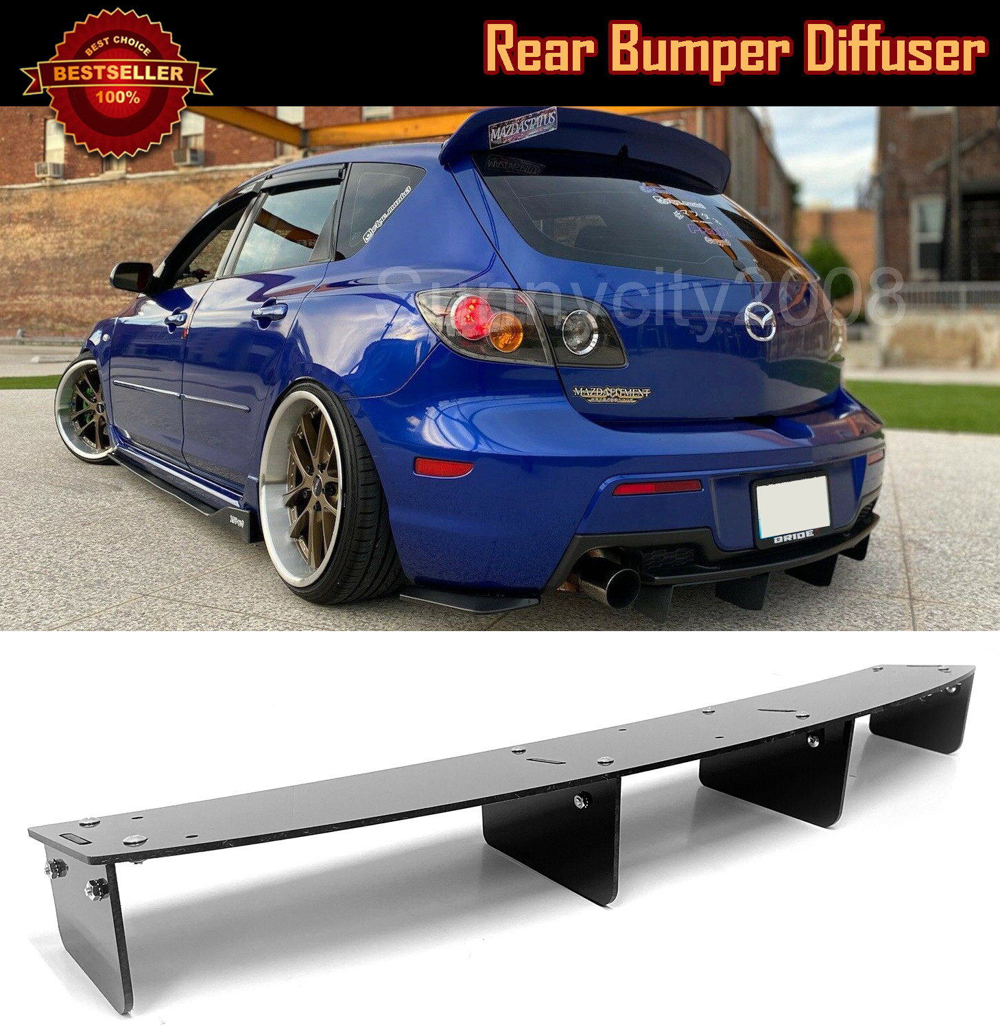 Fit 07-09 Mazda Speed 3 Hatchback Gloss Black Splitter Rear Bumper Diffuser Fin Fit 07-09 Mazda Speed 3 Hatchback Gloss Black Splitter Rear Bumper Diffuser Fin