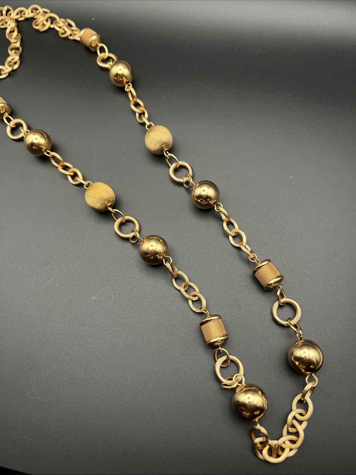 Vintage Monet Mesh Mixed Media Gold Tone Necklace Long Strand Chain Signed 28” Vintage Monet Mesh Mixed Media Gold Tone Necklace Long Strand Chain Signed 28”