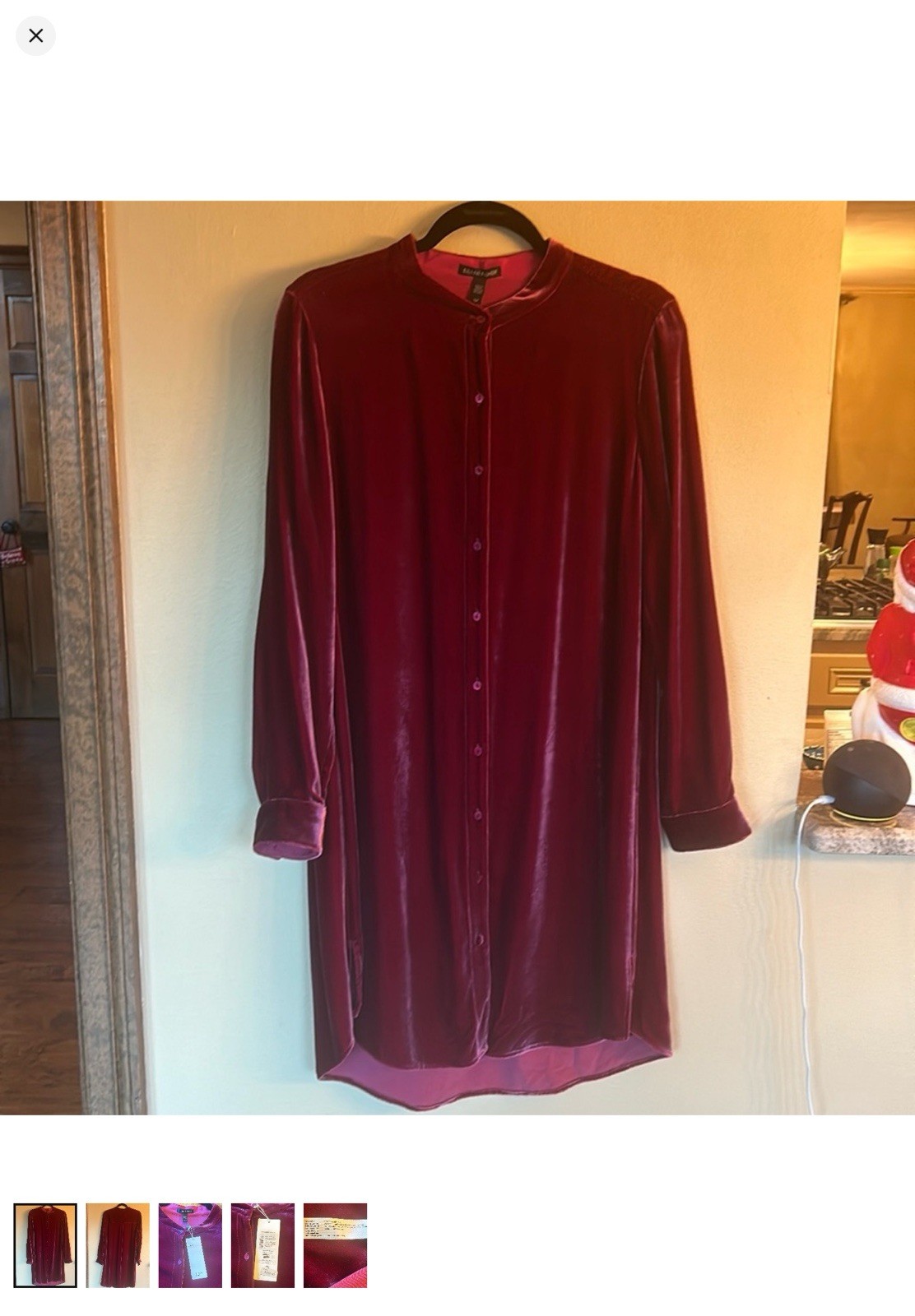 Eileen Fisher Velvet Button-Front Dress Burgundy Long Sleeve size SP Eileen Fisher Velvet Button-Front Dress Burgundy Long Sleeve size SP