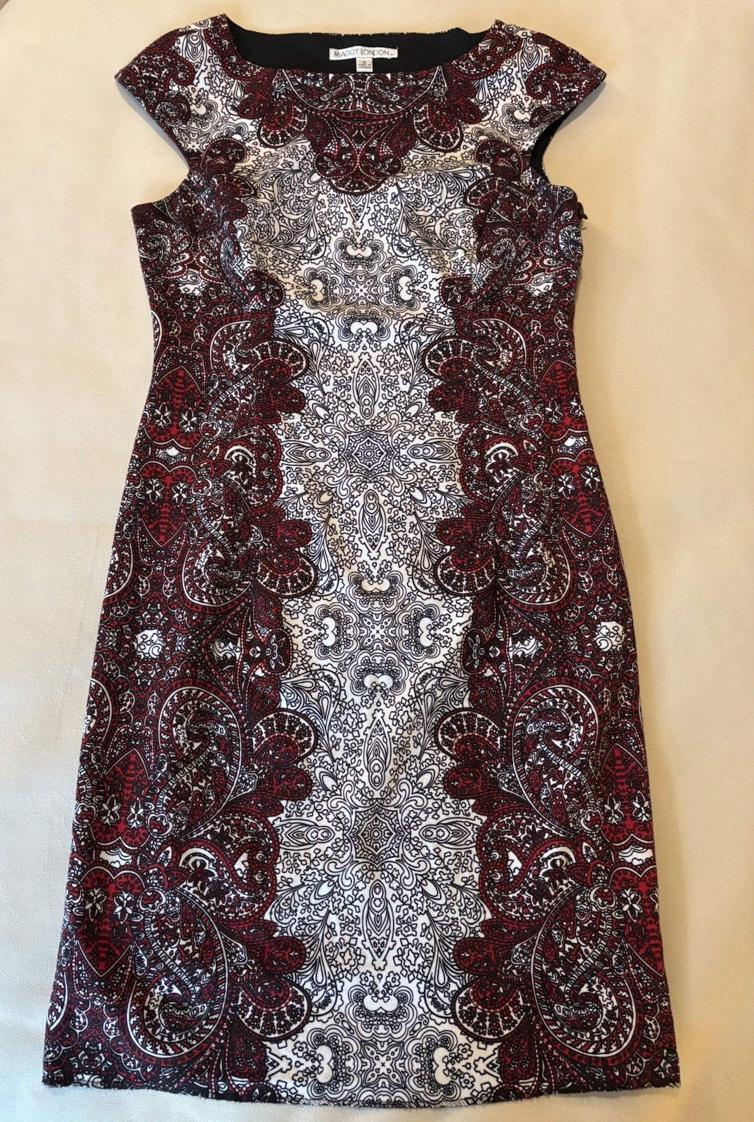 Maggy London Red Black White Paisley Jersey Sheath Dress Boat Neck Cap Sleeve 8 Maggy London Red Black White Paisley Jersey Sheath Dress Boat Neck Cap Sleeve 8