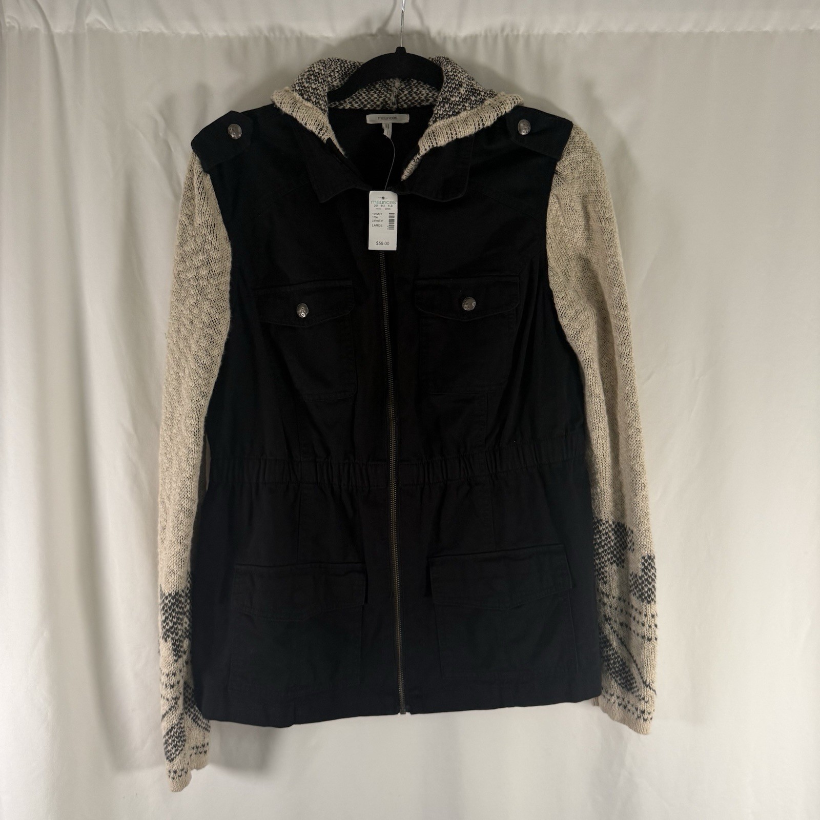 New Maurices Jacket Women\'s Large Black Beige Knit Hooded Full Zip Pockets New Maurices Jacket Women\'s Large Black Beige Knit Hooded Full Zip Pockets
