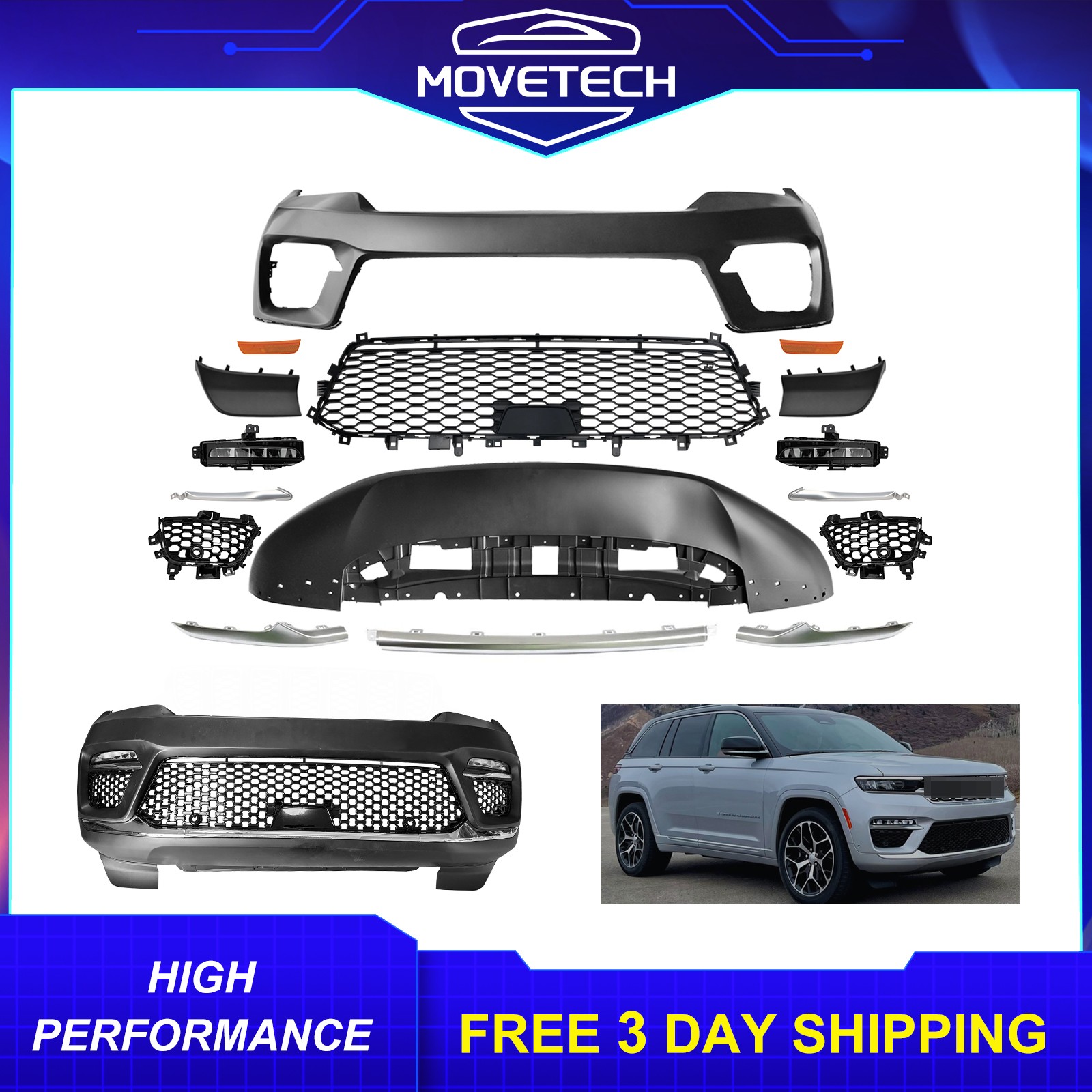 New Front Bumper Cover Kit with Fog Lamp For 2022 2023 2024 Jeep Grand Cherokee