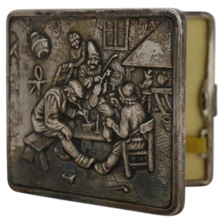 Figural Repousse Tavern Scene Sterling Silver Cigarette Case 2.8 Troy Oz c1900