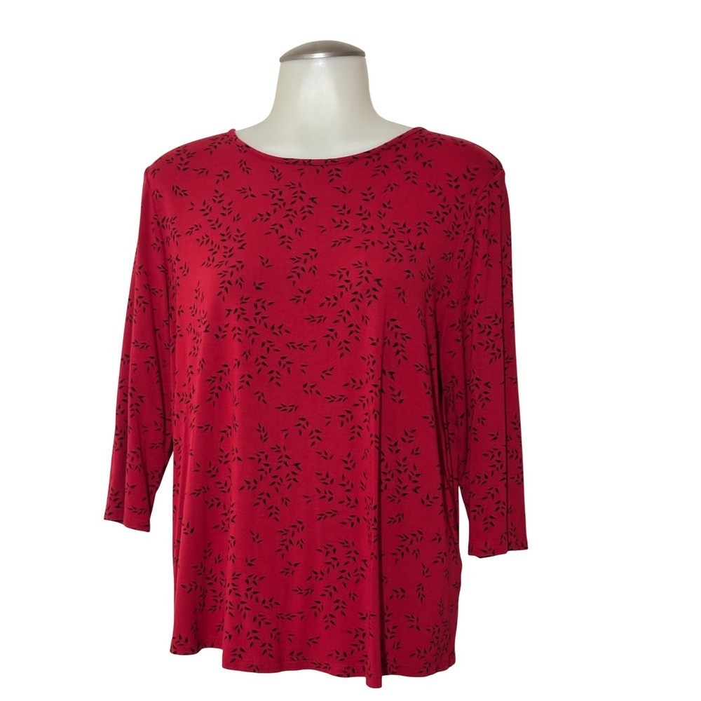 J. Jill Knit Top Womens Medium Red Leaf Print 3/4 Sleeve Pleat Back Good