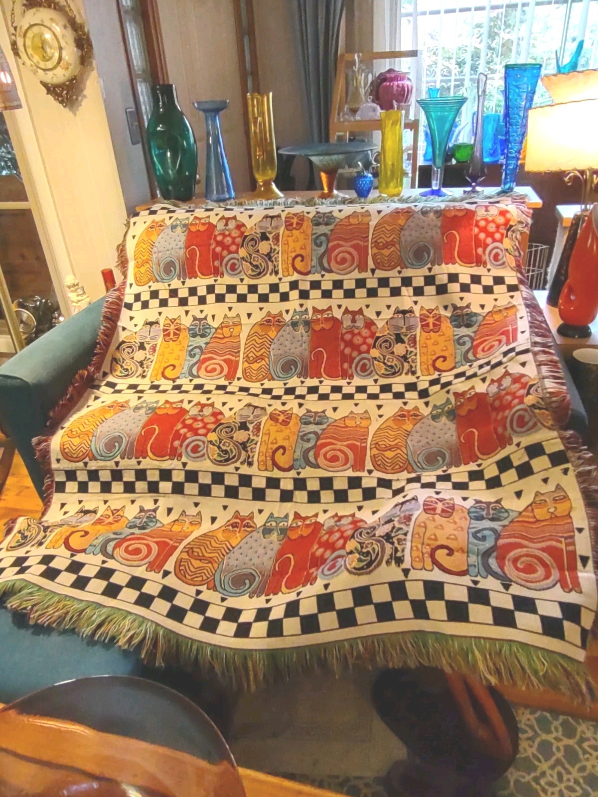Laurel Burch Cat Throw Blanket Tapestry Feline Family Fringe Lap Vintage 50x60 Laurel Burch Cat Throw Blanket Tapestry Feline Family Fringe Lap Vintage 50x60