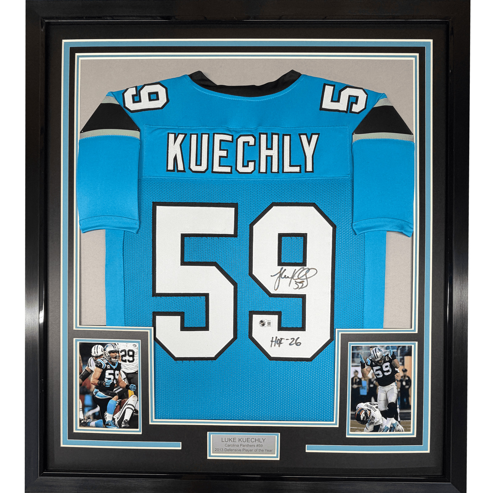 Framed Autographed/Signed Luke Kuechly HOF 26 35x39 Carolina Jersey BAS COA