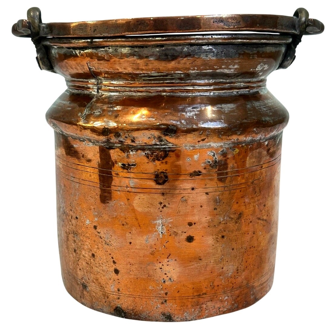 Antique Hammered French European Tin Lined Primitive Copper Jam Pot Brass Handle Antique Hammered French European Tin Lined Primitive Copper Jam Pot Brass Handle