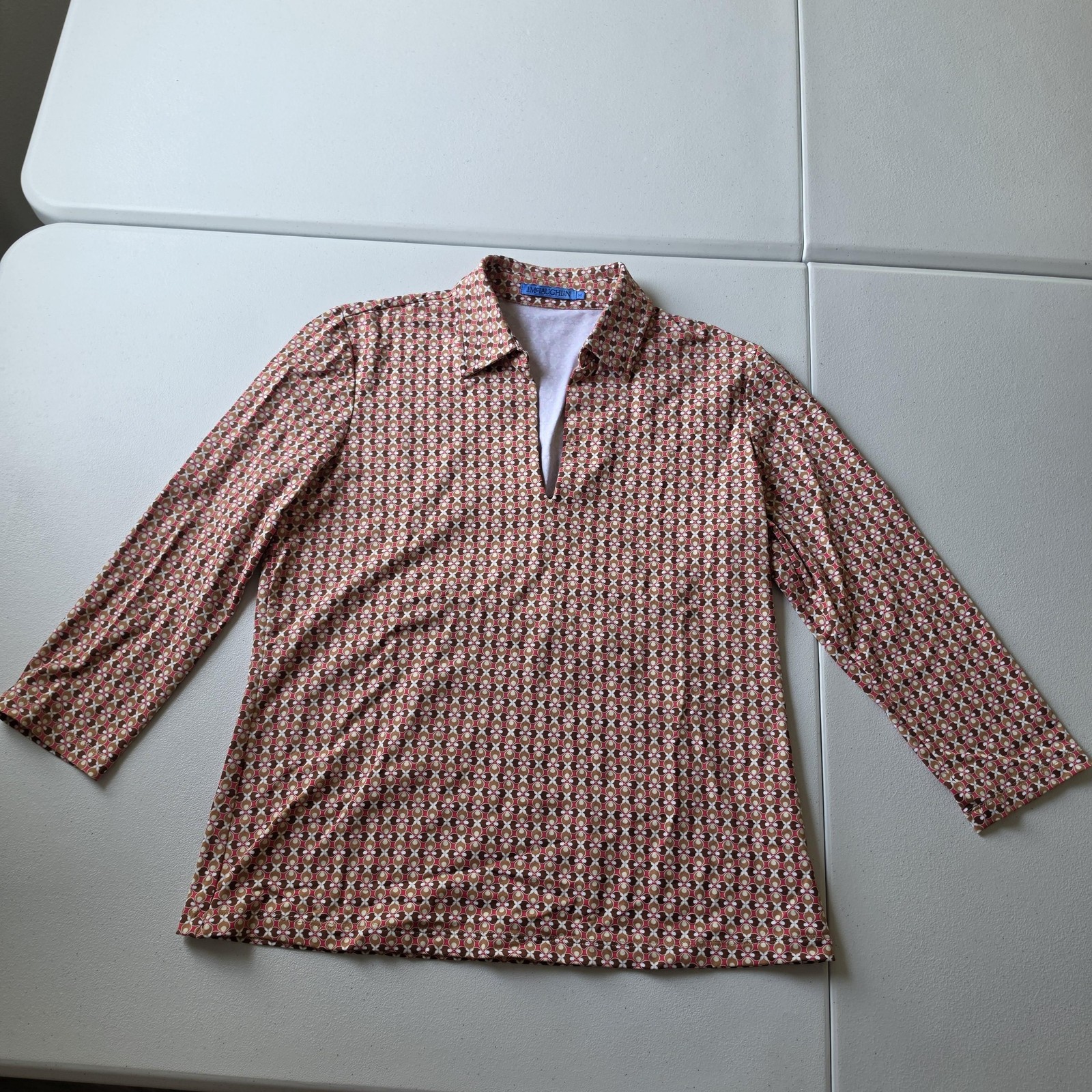 J.McLaughlin Catalina Blouse Womens Medium Beige Geometric Jersey 3/4 Sleeve Top