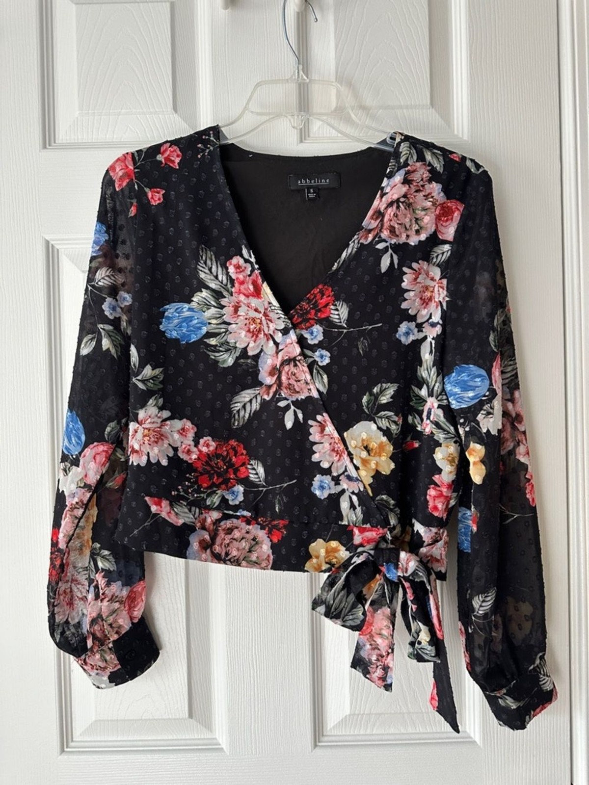 Abbeline Black Floral Wrap Blouse with Multicolor Blooms