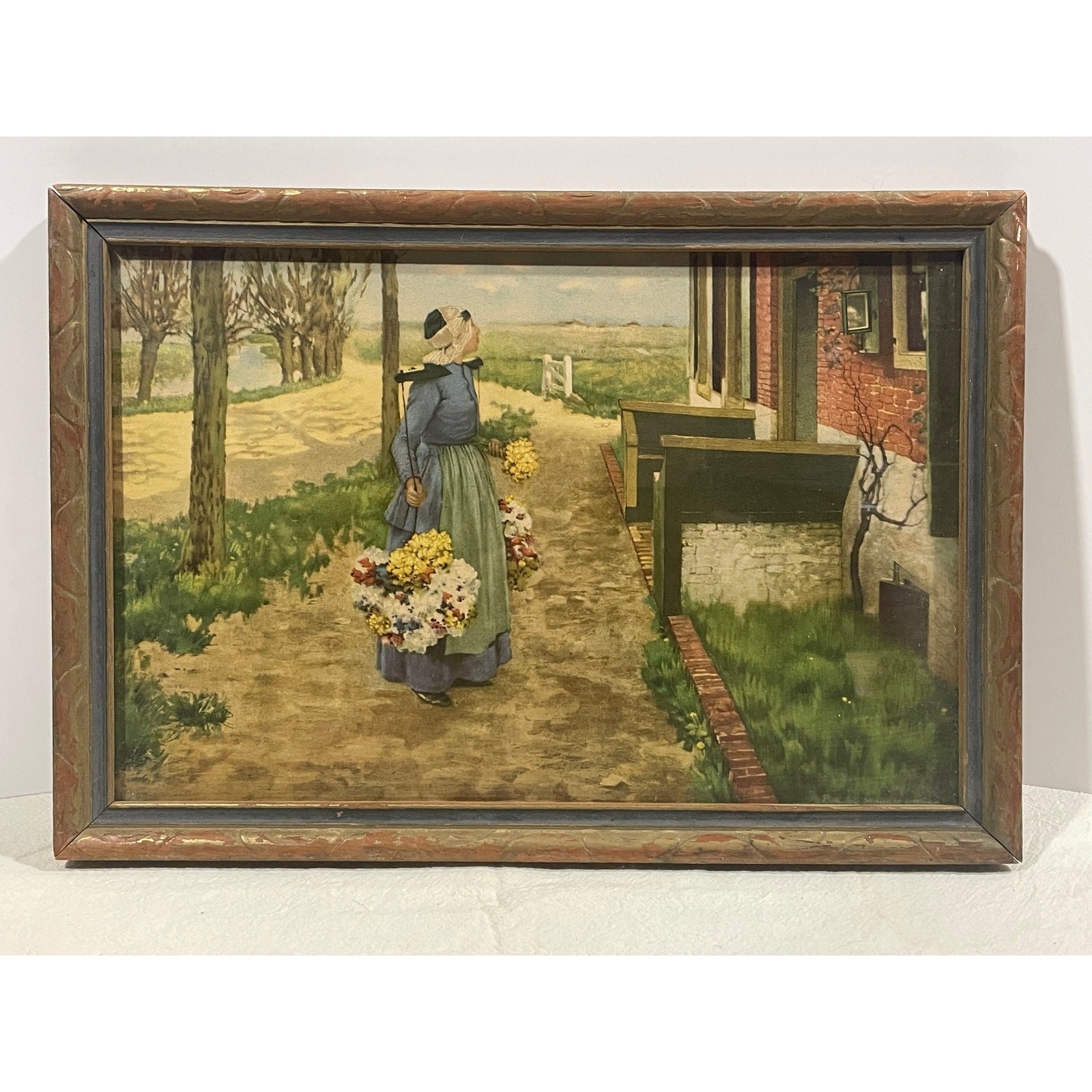 Antique Print Dutch Flower Girl by George Hitchcock Wooden Frame 1887