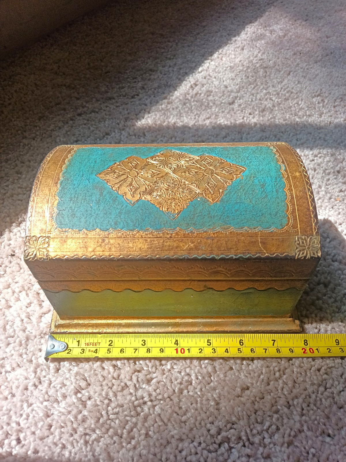 Vtg 1960s Italian Florentine Wood Jewelry Box Domed Chest Turquoise Gold MCM Reg