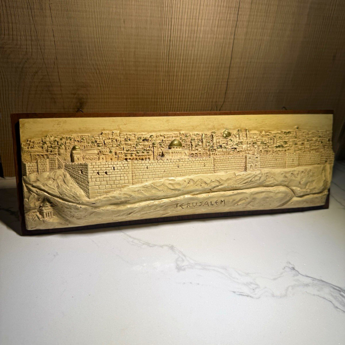 Vintage Israel Judaica Old City Jerusalem 3DRelief Panoramic Plaque W/ Tax Stamp