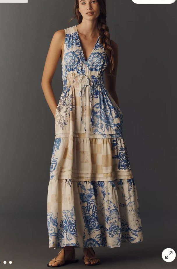 Anthropologie Women\'s Ivory/Blue Multi The Somerset Linen Bl. Maxi Dress $168 XL