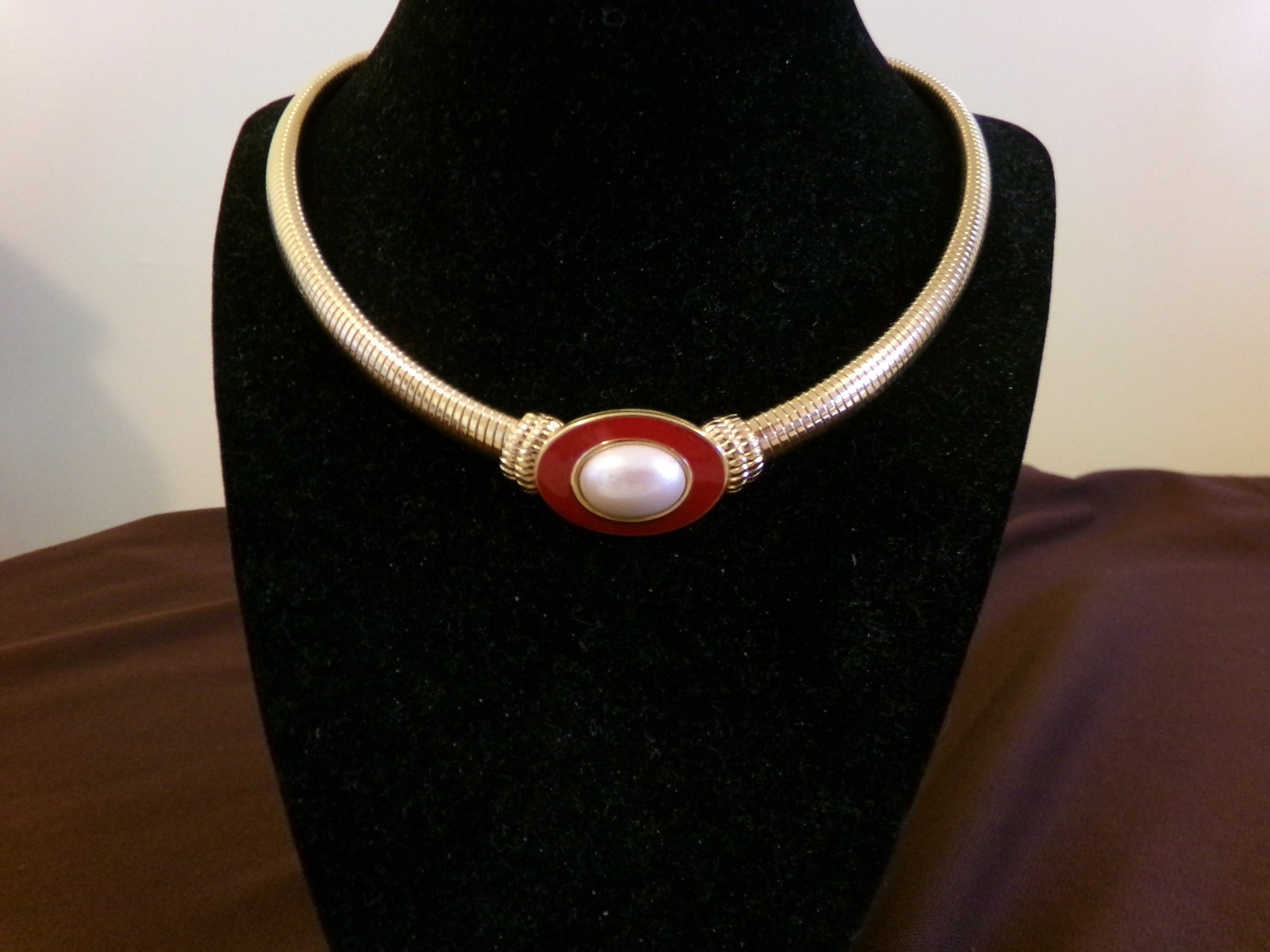 Vtg. Monet Red Enamel Pearl Cabochon Omega Choker classic 1980s power jewelry