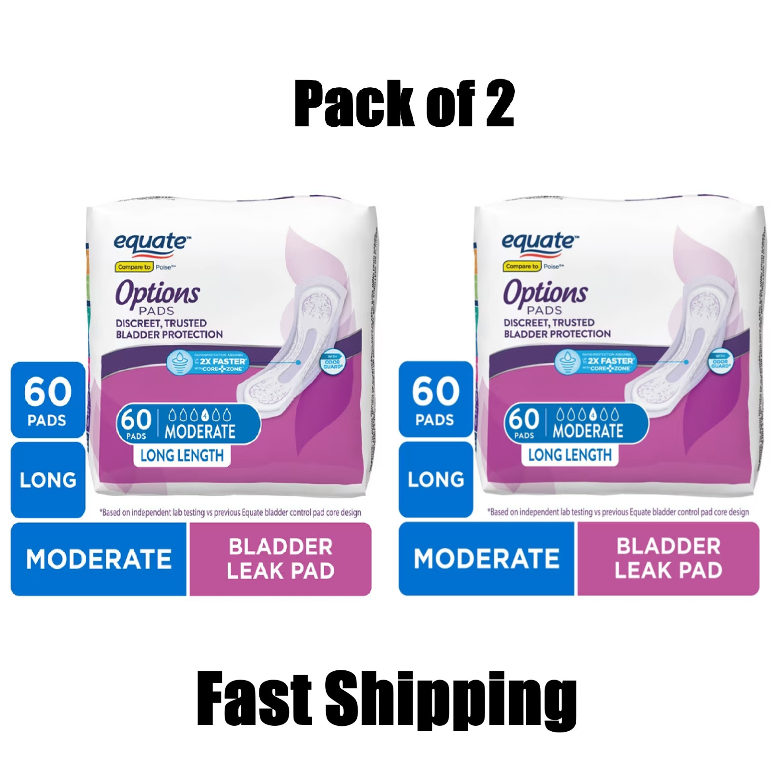 Equate Options Women's Incontinence Pads, Moderate Absorbency Long Length,120 Ct