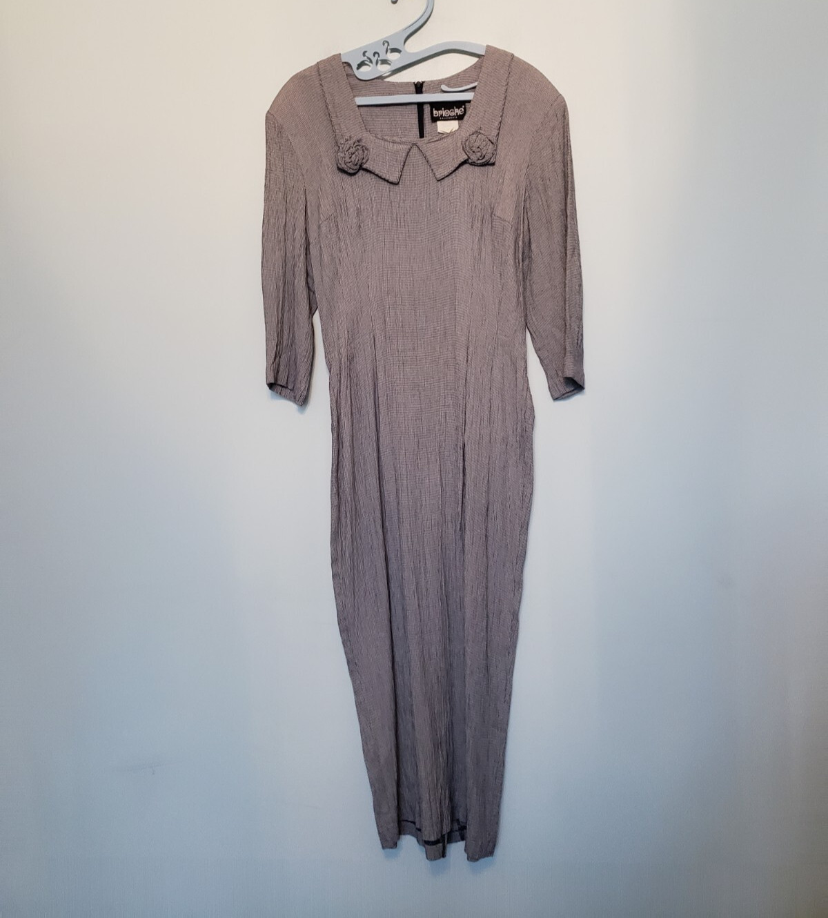 Vtg Brioche California Womens 11 12 Midi Dress Collar Flower Accent Houndstooth 