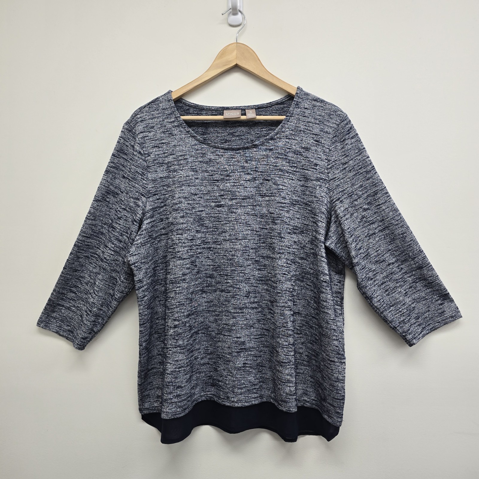 Chicos 3/4 Sleeve Layered Look Blouse Top Chicos Size 3 US Size XL Metallic Blue