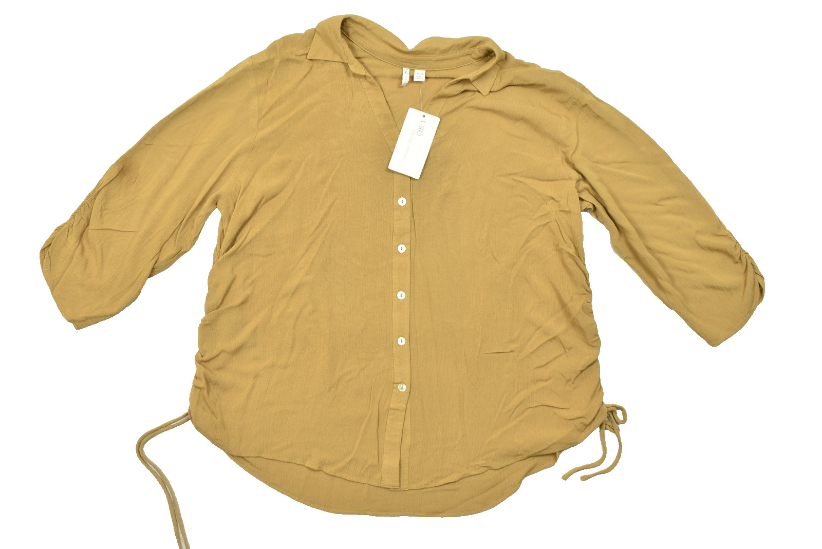 Cato Limited Edition Women\'s 18/20W Mustard Yellow Rayon Button Up Blouse Ruched Cato Limited Edition Women\'s 18/20W Mustard Yellow Rayon Button Up Blouse Ruched