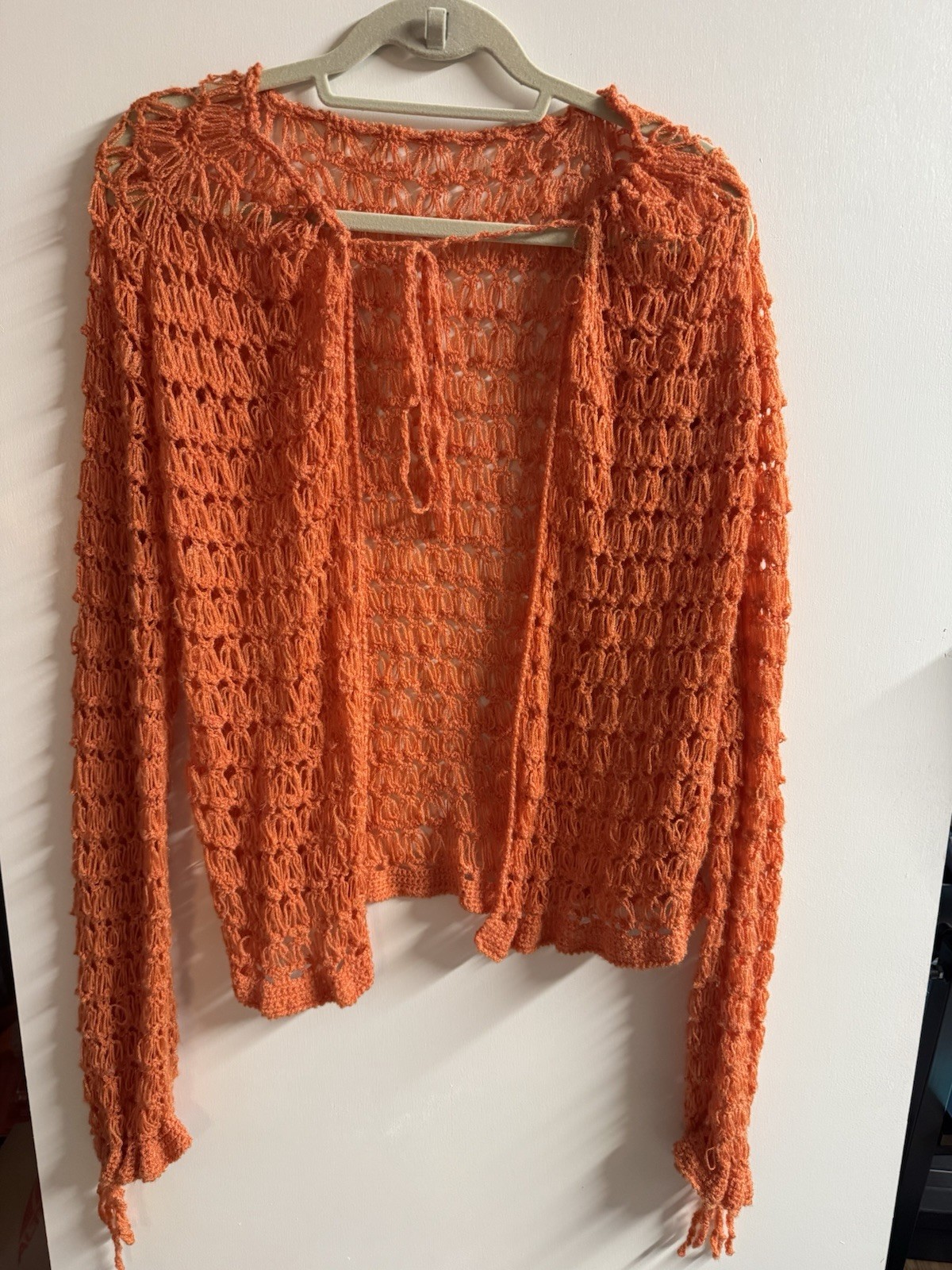 Vintage 1970s Handmade Orange Crochet Cardigan Open Knit Boho Hippie XS/S