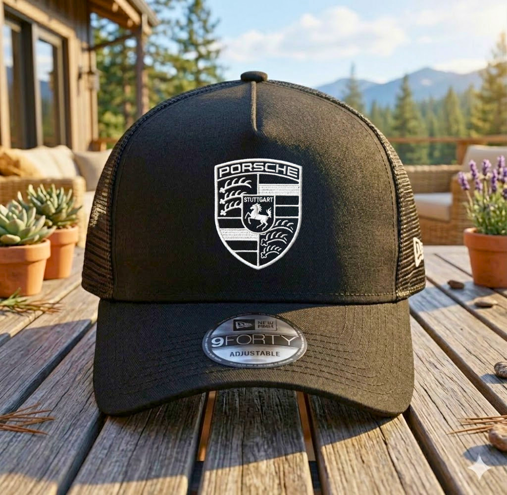 Black Mesh Porsche Motorsport Trucker Hat Embroidered Logo Racing Cap