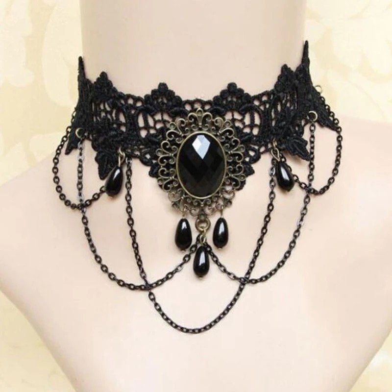 Gothic Black Lace Choker Necklace Vintage Victorian Crystal Collar Steampunk Jew